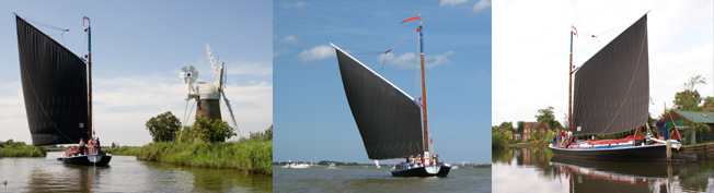 Three photos of Wherry Albion sailing on the Norfolk Broads showing passengers enjoying a day cruise and charter